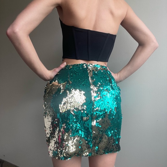 Topshop Green & Gold Sequin Skirt - Picture 2 of 3